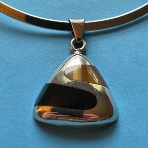 Vintage Mexican Black Onyx/Tiger Eye Inlaid Sterling Silver 950 Pendant & Hoop